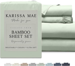 KARISSA MAE Cooling Bamboo Viscose King Size Sheet Set | 100% Organically Grown | 18¡± Deep Pocket | Silky Soft &amp Hypoallergenic | with Organizer Band &amp Elastic Corner Straps [Sea Glass]