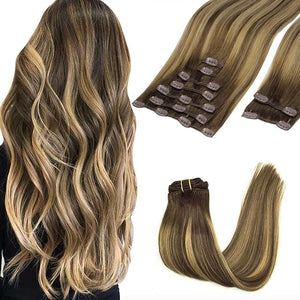 GOO GOO Clip in Hair Extensions Real Human Hair, Remy Human Hair Extensions Clip ins for Women, Natural Human Hair, 22inch 220g 9Pcs, #4/27/4 Balayage Chocolate Brown to Caramel Blonde