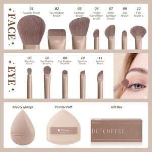 DUcare 14pcs Christmas Makeup Set,12Pcs Coffee Series Makeup Brush set with 2pcs Makeup Sponges Foundation Blending Face Powder Blush Eye Shadows Brushes