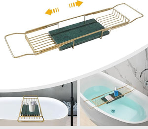 Expandable Bathtub Tray Caddy for Bath Relaxing Bath Table Tub Tray Adjusts from 26.77-35.43 in Ideal for Housewarming Multifunctional Bathtub Bathroom Organizer (Gold + Green)