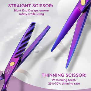 JASON Hair Scissors Professional - 10 PCS Haircut Scissors Set Thinning Shears for Hair Cutting with 30 Teeth Straight Shears for Men Women Home Salon Barber (6.7 Purple)