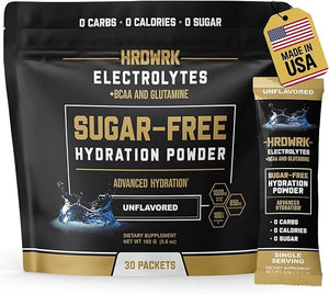 HRDWRK Electrolytes Powder Packets with Magnesium Potassium Sodium Keto Hydration Packets - BCAA Electrolyte Powder Packets with Glutamine 30 Electrolytes Powder Packets Sugar Free (Unflavored)