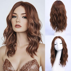 Medium Length Dark Auburn Wavy Wigs for Women 18 Inch Middle Part Wavy Wig Natural Looking Synthetic Heat Resistant Fiber Wig for Daily Party Halloween (18 inch)