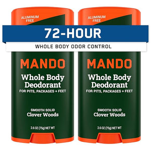 Mando Whole Body Deodorant For Men - Smooth Solid Stick - 72 Hour Odor Control - Aluminum Free Baking Soda Free Skin Safe - 2.6 Ounce (Pack of 2) - Clover Woods