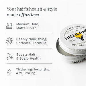 Highland Glacial Hair Clay Pomade - Award winning hair styling clay for men and women made with 100% all natural and organic ingredients that promote hair and scalp health. Low shine Medium Hold.