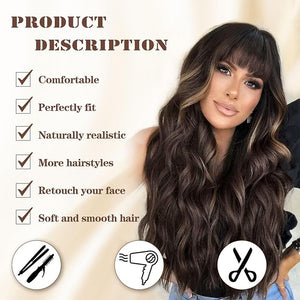 Lativ Brown Wig With Bangs Long Wavy Brown Hightlight Wigs Natural Curly Synthetic Wig for Women Daily Party Use 26 Inches