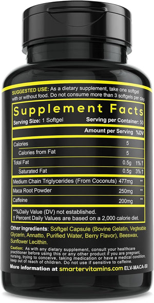 Smarter Energy Pills 200mg Caffeine &amp Coconut MCT Oil with Maca Root 50 Liquid Softgels