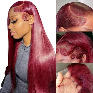 ?13x6 Straight Burgundy HD Lace Front Wigs Human Hair Red Lace Frontal Wigs Human Hair Pre Plucked Straight Glueless Wigs Human Hair Pre Plucked 200 Density 26 Inch