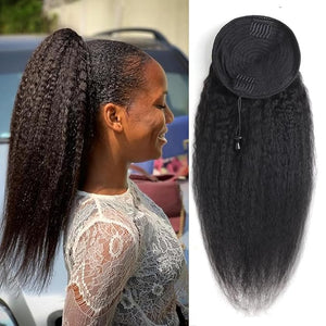 Riverwood 20 Inches YaKi Straight Ponytails Human Hair 10A Grade Drawstring Ponytail Extension Yaki Straight Clip in Pony Tail for Black Women Natural Black Hair Pieces (YaKi 20)