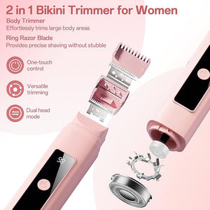 Bikini Trimmer for Women: 2-in-1 Electric Shaver with Digital Display,IPX7 Waterproof &amp; Easy Cleaning&amp; Travel Lock - Dual Head Trimmer for Underarms, Legs, Face (Pink)