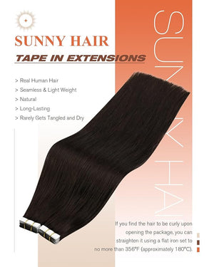 Sunny Hair Tape in Hair Extensions Real Human Hair Invisible Remy Hair Extensions Tape ins for Women Darkest Brown 28 inch 20Pcs 50G