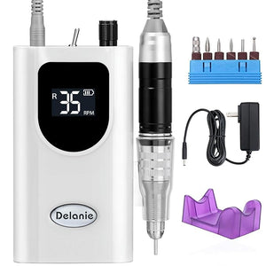 Delanie Professional Nail Drill High Torque 35000 RPM Rechargeable Portable Electric Nail File Filer for Acrylic Gel with Cuticle Bits Salon Manicure Tool White