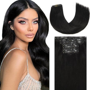 Loxxy 18inch Clip in Extensions Real Human Hair Jet Black Seamless Clip ins 130G 7Pcs Invisible Thick Hair Extensions Clip in Human Hair Silky Straight PU Skin Weft #1