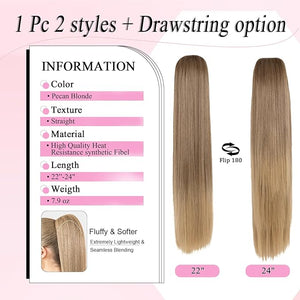 Ponytail Extension, 24" Long Straight Claw Clip Ponytail Extension clip on ponytails hair clip Hair claw clip Fake Ponytail Hairpieces for Women - Pecan Blonde