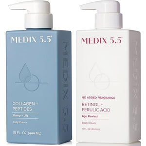 MEDIX Fragrance Free Firming Retinol Body Lotion + Collagen Peptides Cream 2pc Skincare Set | Crepey Skin Treatment | Anti Aging Body Cream &amp Face Moisturizer For Crepe Skin Cellulite &amp Wrin