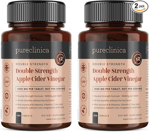 pureclinica Double Strength Apple Cider Vinegar 1000mg x 360 Tablets (2 Bottles of 180 Tablets - 1 Years Supply)