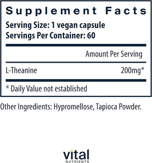 Vital Nutrients L-Theanine 200mg | Vegan Supplement | L Theanine Supplement Supports Normal Stress Levels and Cognitive Function* | Gluten Dairy and Soy Free | 60 Capsules