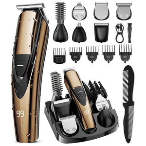 SHPAVVER Beard Trimmer for Men: Professional Barber Hair Clippers - 12-in-1 Cordless Grooming Kit - Waterproof Electric Razor with Turbo Speed &amp Precision Blades Gold