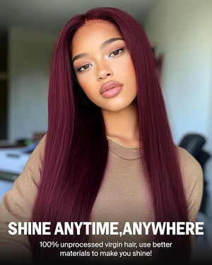 Ready to Go Glueless Wigs Human Hair 6x5 Purplish 99J Burgundy Lace Front Wigs 220% Density Straight Wigs Human Hair Pre Plucked Pre Cut Bleached Knots 16 Inch