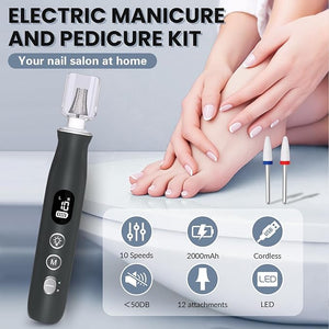 Electric Nail Drill Cordless 2000 mAh Rechargeable Portable Nail File 12 in 1 Kit for Thick Toenails 10 Speeds Nail Dril Machine Professional Manicure Pedicure for Hand Natural Nails Care (Grey)