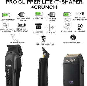 Supreme Trimmer 3-in-1 Barber Bundle | Pro Clipper Lite T-Shaper Trimmer &amp Crunch Foil Shaver | Professional Beard Trimmer Men¡¯s Hair Clipper Kit | Black