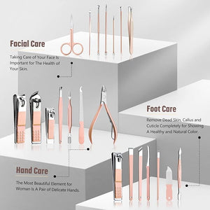 Professional Manicure Set - 21 in 1 Nail Care Kit Stainless Steel Clipper Kit Pedicure Kit for Women - Travel Pink
