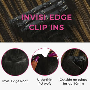 Lashey Invisi Edge Clip in Hair Extensions 14 Inch 110g 7pcs Injected Seamless PU Clip in Hair Extensions Virgin Human Hair Natural Black Mixed Chestnut Brown Straight Hair