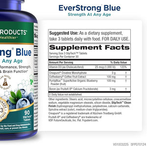 Purity Products EverStrong Blue Strength Building + Brain Boosting w/Muscle Matrix Blend ft. Creatine Monohydrate + More, PurityBlue Organic Blueberry Complex, 1000 IU Vitamin D3-90 Tablets