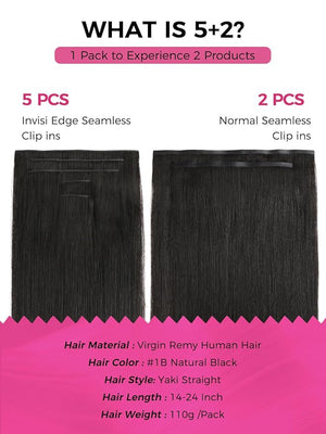 Lashey Invisi Edge &amp Seamless Clip in Hair Extensions Human Hair 18 Inch 110g 7pcs(5pcs Invisi Edge&amp 2pcs Seamless) Real Virgin Human Hair Extensions Natural Black Yaki Straight Hair