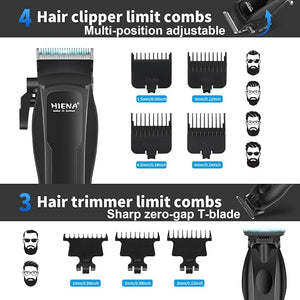 HIENA PRO Hair Clippers for Men Professional Cordless Barber Clipper &amp T-Blade Beard/Hair Trimmer Set Electric Razor Foil Shaver Nose Trimmer Barber Kit Men's Hair Cutting Kit with LED Display