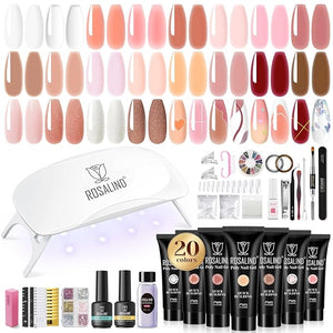ROSALIND Light Pink Nude Poly Nail Gel Kit 0.34 oz/10 ml - 20 Colors White Brown Poly Extension Gel with Mini U V Lamp Builder Nail Gels Starter Kit with Nails Forms Base Coat Coat Beginners Set