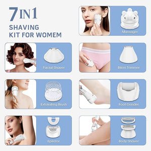 Electric Shavers for Women, 7 in 1 Hair Removal Kit with Epilator Bikini Trimmer Face Razor Body Brush Face Massager Foot Callus Remover, IPX7 Waterproof Lady Razors Set for Legs Armpit Bikini Pubic