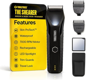 TOOLETRIES The Shearer - Groin &amp Body Hair Trimmer for Men Electric Shaver for Pubic Hair Balls Groin Chest Legs Waterproof Wet/Dry Clippers Rechargeable Bonus Shower Kit