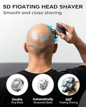 Electric Razor for Men Head &amp Body Hair Shaver for Men Cordless Rechargeable Wet/Dry Bald Head &amp Groin Waterproof Razor with Rotary BladesClippers Beard TrimmerNose Trimmer Brush (Golden
