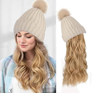Women Winter Beanie Hat with Wig Big Wavy Curly Hair Extensions Knit ski Snow Cap Attached Party Daily Weddings Wig