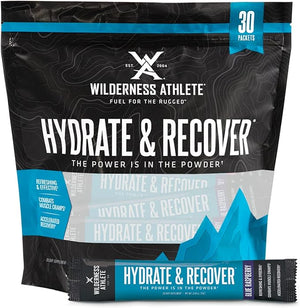 Wilderness Athlete - Hydrate &amp; Recover | Liquid Hydration Packets Electrolyte Drink Mix - Recover Faster with Bcaas - 30 Single Serving Hydrate Packets (Blue Raspberry)
