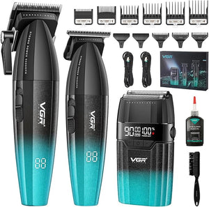 VGR 640S3 Professional 3 in 1 Hair Cutting Kit 9000RPM Hair Clippers for Men Professional Hair Trimmer &amp Foil Shavers Set Cordless Mens Barber Combo for Home for Him(Green)