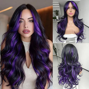 Highlight Dark Purple Wigs for Women Long Black Mixd Dark Purple Highlight Layered Wavy Wig With Cuntain Bangs for Black White Women Synthetic Ombre Layered Long Curly Wave for Daily Party Use 24inch