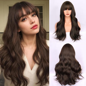 Brown Long Wavy Wigs Real Human Hair with Bangs for Party Daily Use Heat Resistant Breathable Capless Lightweight Tangle Free (Brown26 Inch)