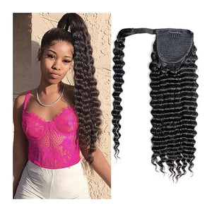 SONGCHAO Fake Hair Bun Deep Wavy Ponytail Wig Bun 8-24 Inch Wrap Around Ponytail Extensions Black Brazilian Real Hair for Black Women Hair Accessories (Color : Black Size : 24inch(150g))
