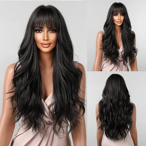BERON Black Wigs Long Wavy Women Wigs with Bangs Natural Black Curly Heat Resistant Synthetic Wigs for Daily Wigs Wig Cap Included