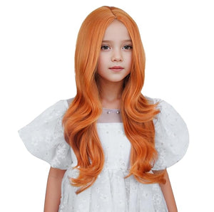 Ginger Wig for Kids Girls Long Ginger Orange Wavy Curly Wig Child Long Orange Part Wigs Heat Resistant Synthetic Wigs with Cap