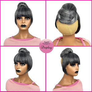Grey Bun &amp Bangs 2PCS - Quick Hair Bun with Bang Clip in M Size Updo Twist Braided Chignon Scrunchie Hair Piece Extension for Black Women