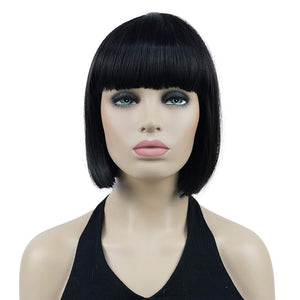 Lydell 8" Straight Short Bob Hair Flat Bangs Cute Central Dot Skin Top Heat Resistant Synthetic Wigs (Natural black)