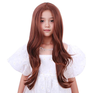 Kids Ginger Orange Wig Long Dark Orange Wavy Curly Wig for Child Girls Long Ginger Middle Part Wigs Heat Resistant Synthetic Wigs with Cap