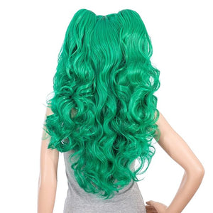 SWACC Long Curly Double Claw Clip on Ponytail Wig Synthetic Pastel Colorful Cosplay Daily Party Wig for Women with Wig Cap (Green)