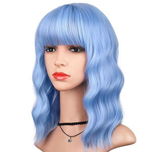 Light Blue Wig with Bangs for Women Short Wavy Curly Bob Wig Pastel Blue Wigs 14 Inch Shoulder Length Colored Wig Party Cosplay Halloween Wigs