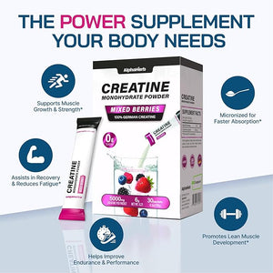 Creatine Monohydrate Powder ? Creapure¢ç German-Sourced Mixed Berry Flavour 30 Stick Creatine Packs 5000mg Each | No Sugar No Fillers Gluten-Free