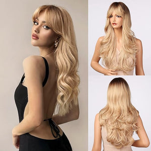 Honygebia Blonde Wig with Bangs - Long Wavy Ombre Curtain Bang Wigs for White Women Light Ash Blond Dark Roots Synthetic Heat Resistant Hair Natural Cute Strawberry Wigs for Halloween/Christmas