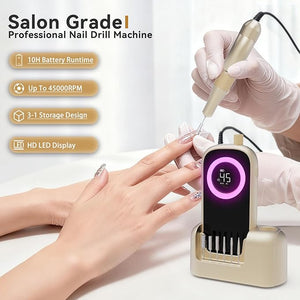 Electric Nail Drill 45000RPM, 2025 Pro High Tech Fast Remove Cordless Nails Drill with Rechargeable Stand for Acrylic Nails, 12Pcs Drill Bits and Holder, LCD Professional Nail Machine for Salon Home